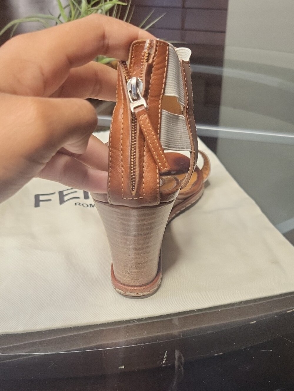 Fendi Brown & Cream Leather Wedge Sandals - Picture 10 of 11